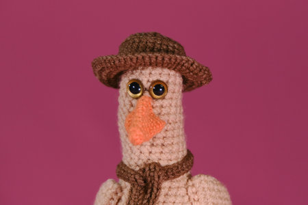 One brown goose with orange beak wears hat and scarf, crocheted from natural wool, handmade art. Amigurumi duck doll on pink background. Soft DIY toy made of cotton. close up portrait.の写真素材