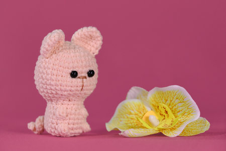 Amigurumi one little cute kitten sitting on pink background next to yellow orchid flower. Soft DIY toy made of natural cotton and wool. Crocheted cat, handmade art.の写真素材