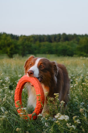 Charming brown australian Shepherd dog plays with a round rubber toy in a summer field at sunset. Aussie walks forward. A happy active energetic dog on a walk in the park has fun.の写真素材