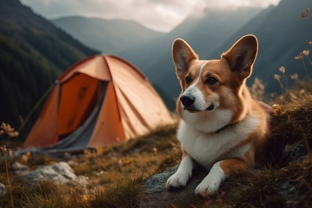Generative AI camping in mountains with a dog. Red and white welsh corgi pembroke puppy is little traveler. front view. The dog travels in the mountains in summer.の素材