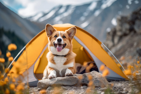 Generative AI camping in mountains with a dog. Red and white welsh corgi pembroke puppy is little traveler. front view. The dog travels in the mountains in summer.の素材