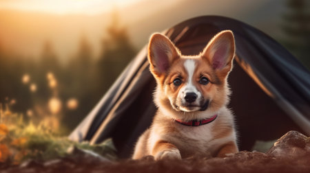 Generative AI camping in mountains with a dog. Red and white welsh corgi pembroke puppy is little traveler. front view.の素材