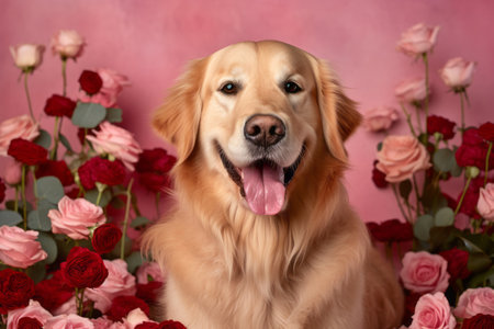 Generative AI content. Spring or summer concept. A golden retriever poses among roses on a pink background. Happy dog postcard for the holiday - mother's day, valentine's day anniversary, birthday.の素材