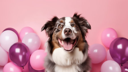 Generative AI. birthday concept. Australian Shepherd dog brown Merle on a pink background among colorful balloons, front view. A minimalistic greeting card with aussie puppy.の素材