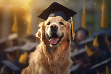 Generative AI. The golden retriever graduate wears a hat and poses outside among people. A happy dog is a schoolboy or a student.の素材