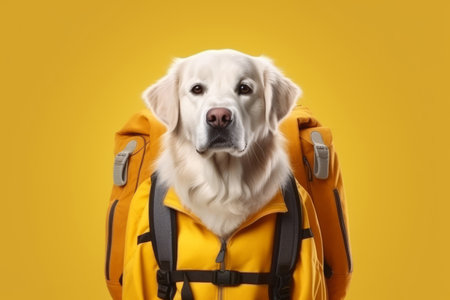 Generative AI. travel concept. A golden retriever in a jacket and with a large backpack goes hiking. Front view, yellow background. The dog is a schoolboy.の素材