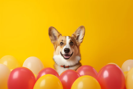 Generative AI. birthday concept. Red Welsh corgi Pembroke dog on a yellow background among colorful balloons, front view. A minimalistic greeting card with puppy. copyspace.の素材