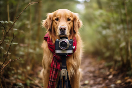 Generative AI. Golden Retriever is a professional photographer. Concept pets learn people's professions. A dog with a camera on a tripod in a summer green park.の素材