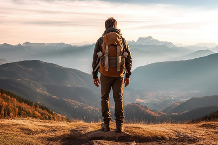 Generative AI. The concept of mountain tourism and an active lifestyle outside. A man with a backpack travels and admires the snowy mountain peaks at sunset. rear view.の素材