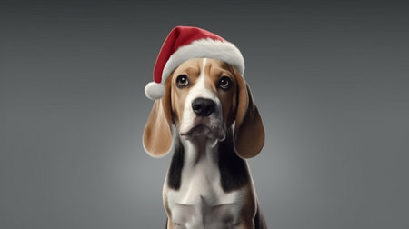 Generative AI The adorable beagle dog is wearing Santa's red hat. front view. Minimalistic gray studio background, realistic style. Christmas greeting card.の素材