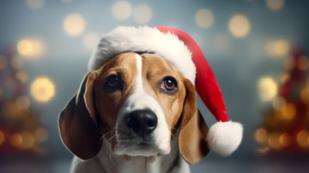 Generative AI Charming dog smooth-haired beagle wears a red Santa hat. front view. Minimalistic dark background with garland bokeh, realistic style. Christmas greeting card.の素材