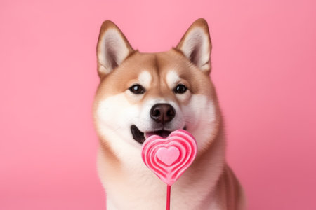 Generative AI Charming red Shiba Inu on a pink background licks a heart-shaped lollipop. Minimalistic Valentine's day greeting card with a pet. Front view of a dog close-up portrait.の素材