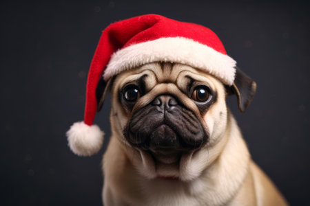 Generative AI Adorable pug dog is wearing a red Santa hat. front view. Minimalistic dark studio background, realistic style. Christmas greeting card.の素材