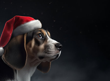 Generative AI The adorable beagle dog is wearing Santa's red hat. side view. Minimalistic gray studio background, realistic style. Beagle puppy tricolor portrait in profile. Christmas greeting card.の素材