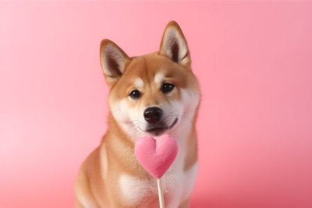 Generative AI Charming red Shiba Inu on a pink background licks a heart-shaped lollipop. Minimalistic Valentine's day greeting card with a pet. Front view of a dog close-up portrait.の素材