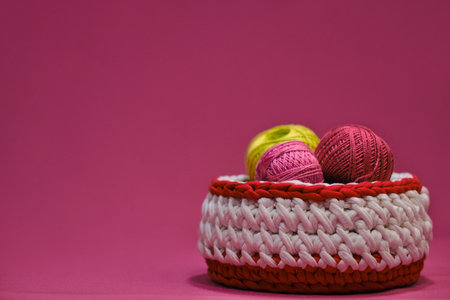 Concept craft handmade needlework hobby from home. Yarn for crocheting. Several woolen multi colored...