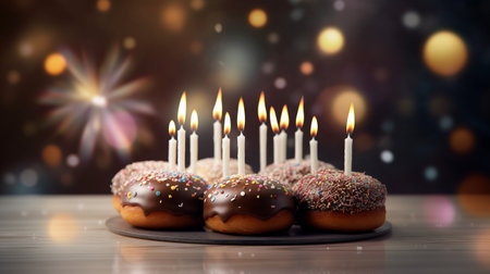 Generative AI. Sweet donuts with chocolate icing and candles. Happy birthday party concept, minimalistic background.の素材