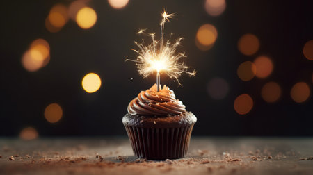 Generative AI. Sweet cupcakes with chocolate icing, sweet cream and candles and sparklers. Happy birthday party concept, minimalistic background.の素材