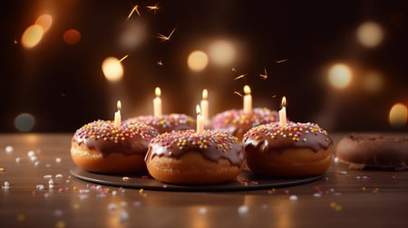 Generative AI. Sweet donuts with chocolate icing and candles. Happy birthday party concept, minimalistic background.の素材