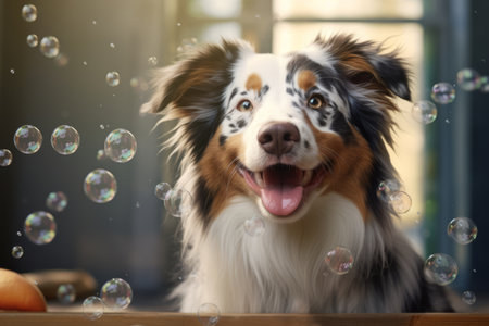 Generative AI Funny dog sitting in bathroom waiting for grooming. Banner for pet shop, grooming salon. Charming happy Australian shepherd with soap bubbles. aussie puppyの素材