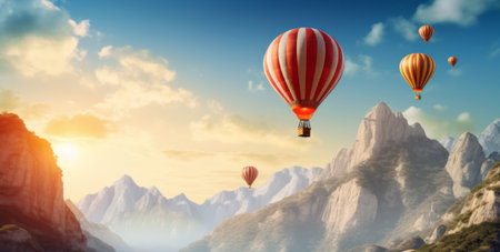 Generative AI Hot air balloons fly over mountait landscape. horizontal web banner. travel conceptの素材