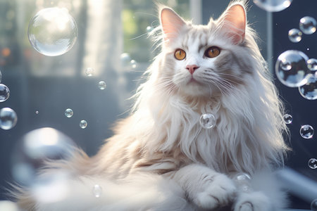 Generative AI Funny kitten sitting in bathroom waiting for grooming. Banner for pet shop, grooming salon. Cat grooming concept. Charming white Maine Coon takes spa treatments, soap bubblesの素材