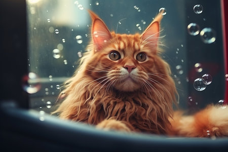 Generative AI Funny kitten sitting in bathroom waiting for grooming. Banner for pet shop, grooming salon. Cat grooming concept. Charming red Maine Coon takes spa treatments, soap bubblesの素材