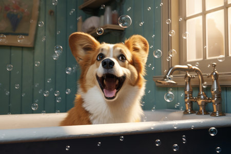 Generative AI Funny dog sitting in bathroom waiting for grooming. Banner for pet shop, grooming salon. Charming red Welsh corgi Pembroke with soap bubblesの素材