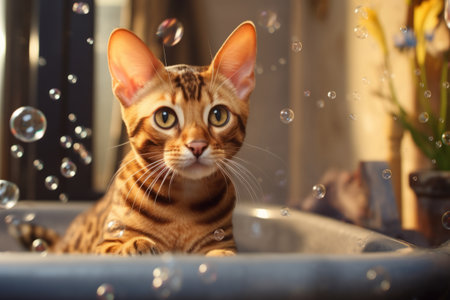 Generative AI Funny kitten sitting in bathroom waiting for grooming. Banner for pet shop, grooming salon. Cat grooming concept. Charming Bengal cat takes spa treatments, soap bubbles aroundの素材