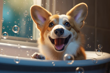 Generative AI Funny dog sitting in bathroom waiting for grooming. Banner for pet shop, grooming salon. Charming red Welsh corgi Pembroke with soap bubblesの素材