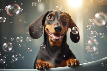 Generative AI Funny dog sitting in bathroom waiting for grooming. Banner for pet shop, grooming salon. A charming happy dachshund with soap bubblesの素材