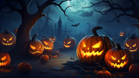 Generative AI dark illustration of halloween themed scene. A full moon in the forest, silhouettes of trees and lot of orange pumpkin lamps. A symbol happy Halloween. Horizontal web banner with copy spaceの素材