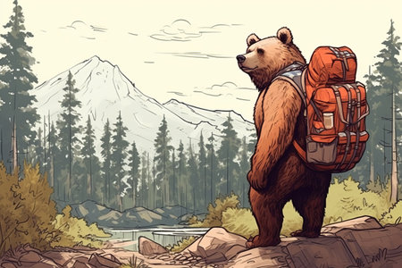 Generative AI. Brown bear traveler with a backpack went to the snowy mountains and woods. sketch style. A dangerous predator is a wild animal on a hike in the forestの素材