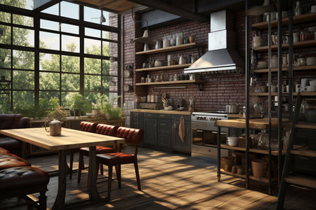 Generative AI Interior design of modern loft style kitchen. Large panoramic window with a view of the green summer forestの素材