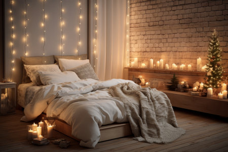 Generative AI Modern festive design with a Christmas tree and candles at home. Loft-style bedroom interior with garlands over the bed. light pastel colors. brick wallの素材