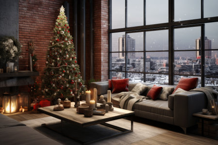 Generative AI Modern festive interior design with a Christmas tree, candles and a loft-style fireplace. Living room with a large sofa and a wooden table. View of winter city through panoramic windowの素材