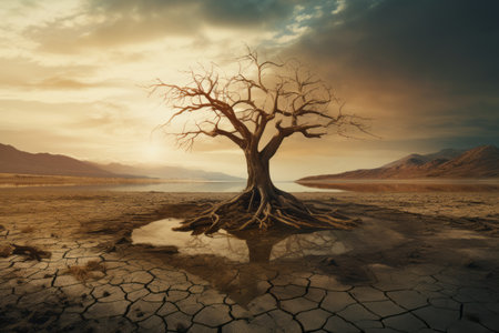 Generative AI Dry cracked land with dead tree and sky in background a concept of global warming. A lonely dry dead tree in the middle of a dried-up pond grows right out of clay and sandの素材