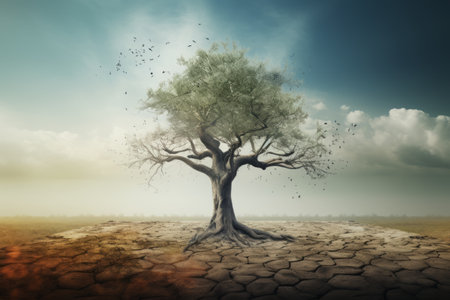 Generative AI. The concept of the problem of global warming. Pic showing the effects of dry land on the changing environment of trees. Big old trees live and die. Cracked earth and clayの素材