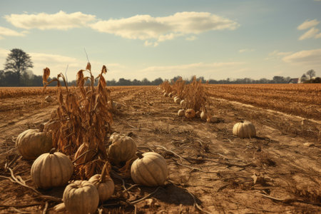 Generative AI In hot summer, dryness destroys cultivated plants. Rows on the dry, crusty soil. A dead agricultural pumpkin field. The problem of drought and global warmingの素材