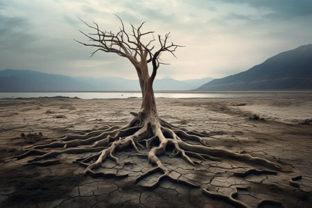 Generative AI Dry cracked land with dead tree and sky in background a concept of global warming. A lonely dry dead tree in the middle of a dried-up pond grows right out of clay and sandの素材