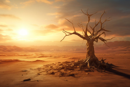 Generative AI Dry cracked land with dead tree and sky in background a concept of global warming. A lonely dry dead tree in the middle of desert grows right out of clay and sandの素材
