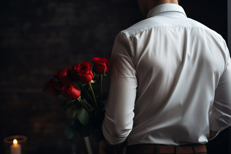 Generative AI man in a classic white shirt holds a bouquet of red roses. The guy was going on a date. A surprise from a boyfriend for a girl in the form of flowers. rear viewの素材