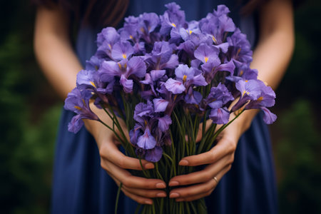 Generative AI International Women's Day. A young woman in a blue dress holds a lush bouquet of purple irises standing in a field. close-up view. Happy Mother's Dayの素材