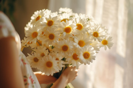 Generative AI International Women's Day. Young woman in a dress holds a lush bouquet of wild primroses daisies and admires the view from the window. close-up view. Happy Mother's Dayの素材