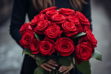 Generative AI A woman in a black dress holds a large lush bouquet of red roses in her hands. close-up view. Anniversary celebration. Flowers for the funeral ceremonyの素材