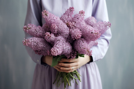 Generative AI International Women's Day. A woman in a pink dress holds a lush bouquet of lilacs. close-up view. Happy Mother's Day. minimalist greeting cardの素材