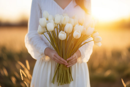 Generative AI International Women's Day. A woman in a white dress holds a lush bouquet of white tulips at sunset in a field. close-up view. Happy Mother's Day. minimalist greeting cardの素材