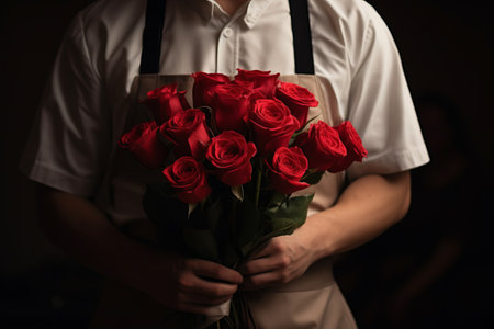 Generative AI Floral design studio, making decorations and arrangements. Flowers delivery, creating order. Florist man in a shirt and apron holds a beautiful bouquet of red roses flowersの素材