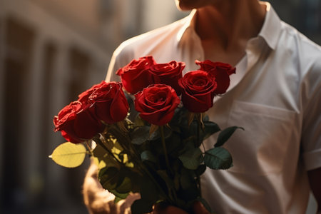 Generative AI man in a classic white shirt holds a bouquet of red roses. The guy was going on a date. A surprise from a boyfriend for a girl in the form of flowersの素材