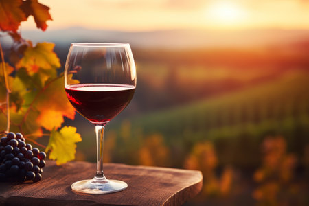 Generative AI A glass of red wine on a wooden table in the middle of a vineyard at sunset. A bunch of ripe grapes nearby. autumn atmosphere of grape harvestの素材